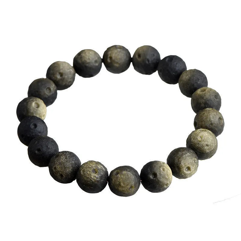 Natural obsidian meteorite crater ball bracelet with polished volcanic glass beads in silver or gold colours