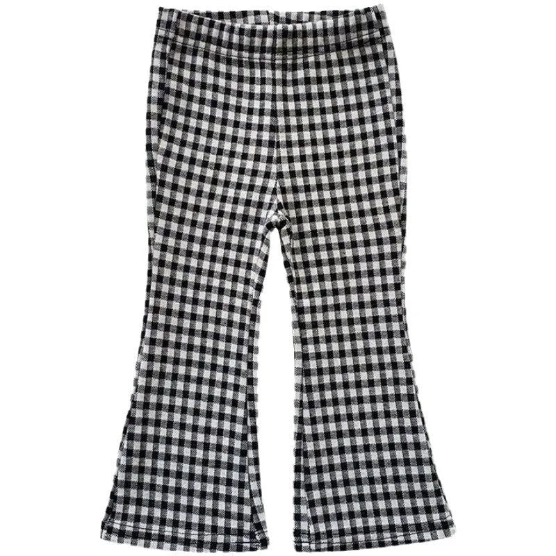 Girls fleece-lined bell-bottom pants in plaid pattern, polyester fabric, mid-waist, suitable for 80-150cm height