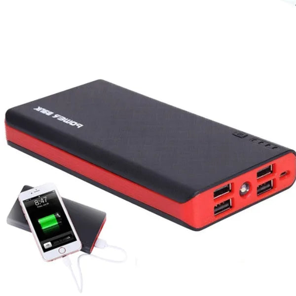 Blue 20000mAh portable power bank with dimensions 145mm by 68mm.