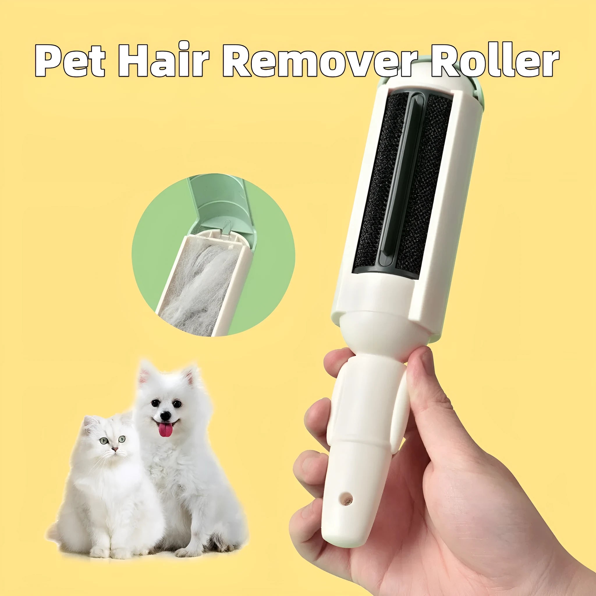 White and green reusable pet hair remover roller with a non-slip handle on a fabric sofa.