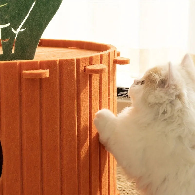 Carrot colour felt cat tunnel nest with semi-enclosed design showing drilled ventilation pattern
