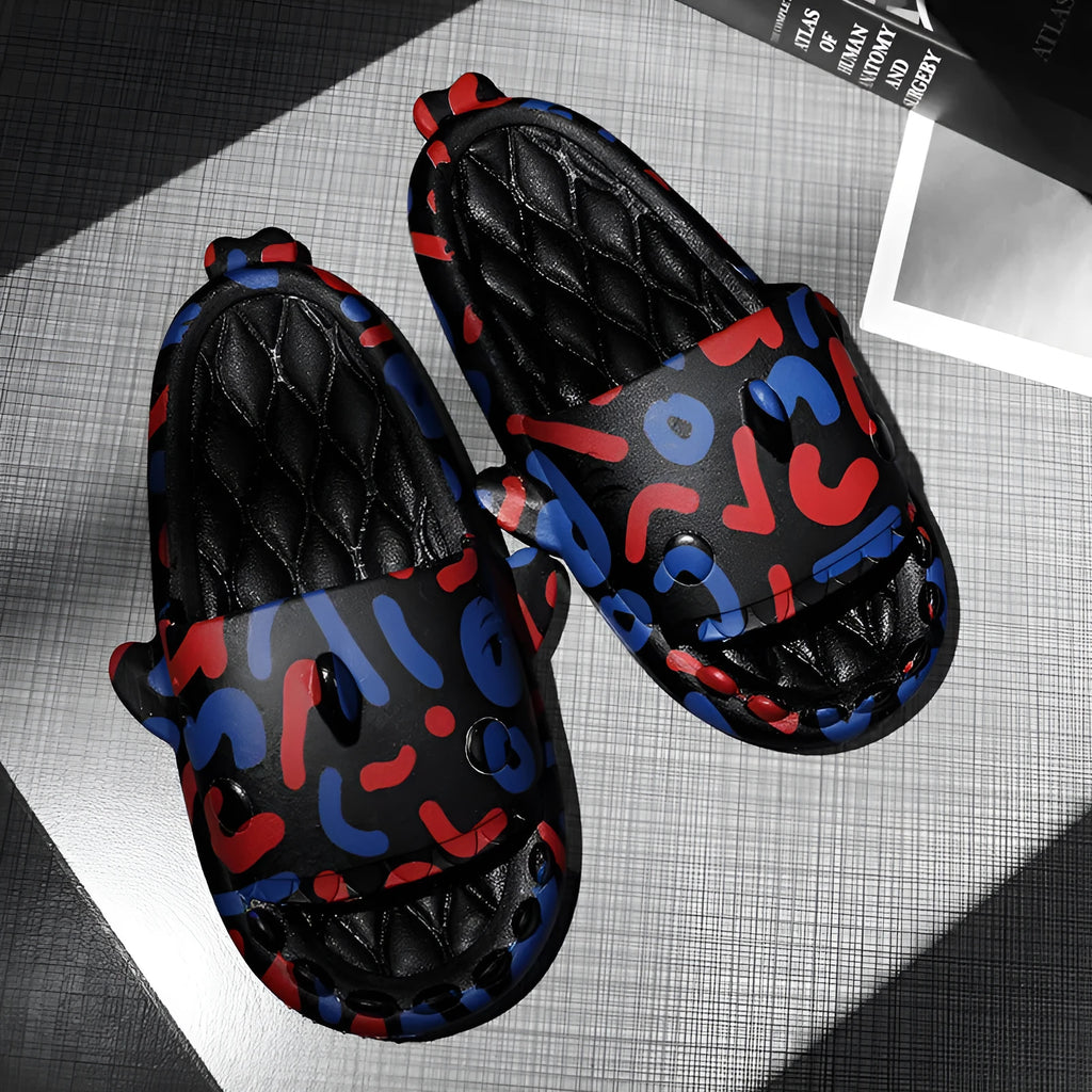 Shark-themed open-toe EVA slippers for couples in various colours on a white background.