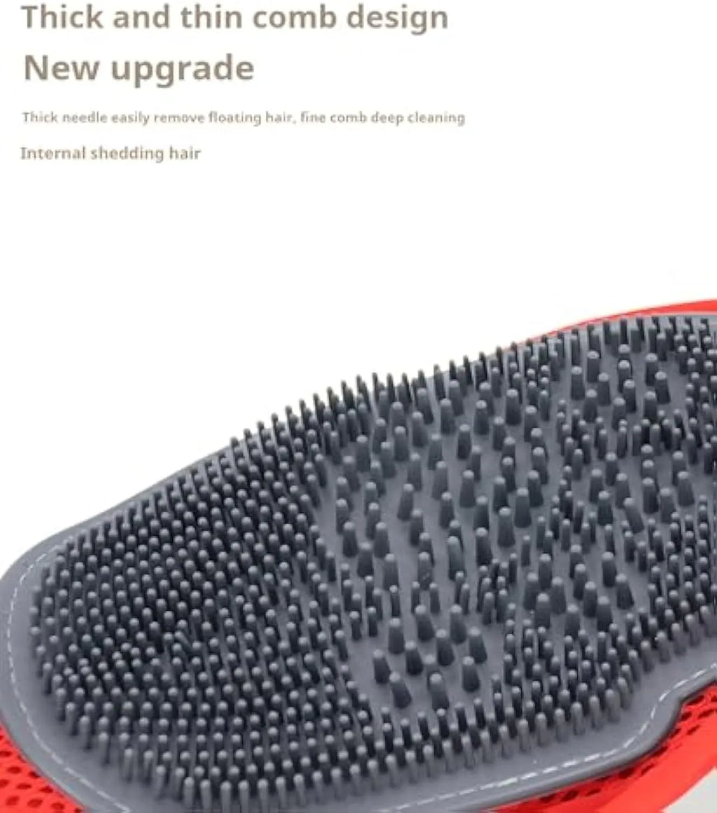 Red pet bathing and grooming glove with integrated brush elements, measures 26x16cm