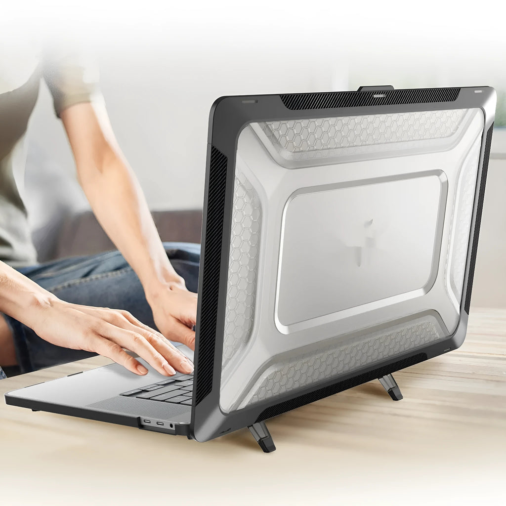 Hard protective shell case for a MacBook laptop in a choice of four colours: cool black, elegant apricot, sapphire blue, and starry sky grey.