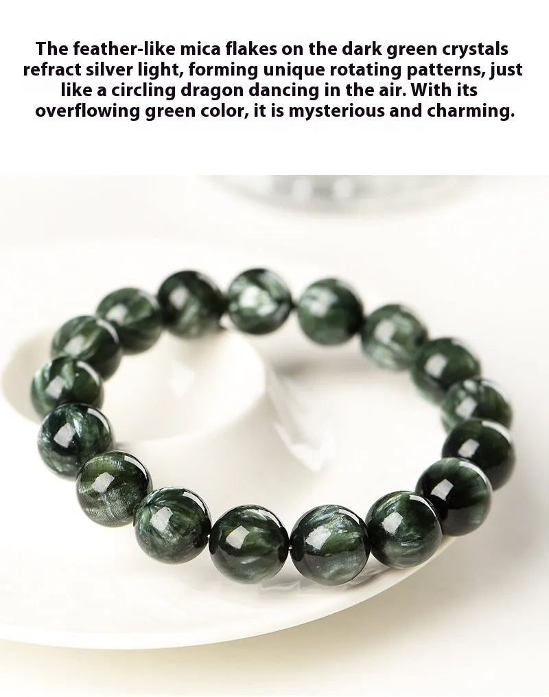 Natural Green Dragon Crystal round bead bracelet with 8-9mm beads and geometric Ruyi design