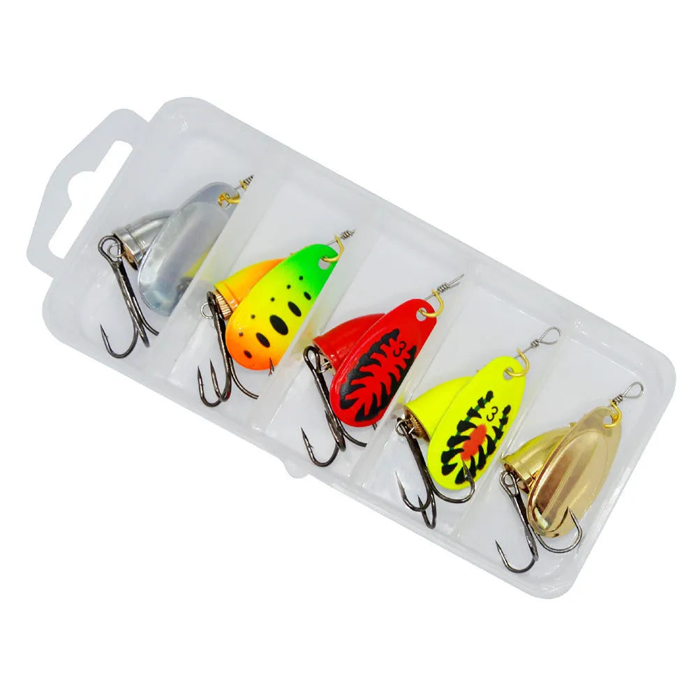 R composite rotating sequins copper bell metal fishing lure in multiple colour options on a blue background