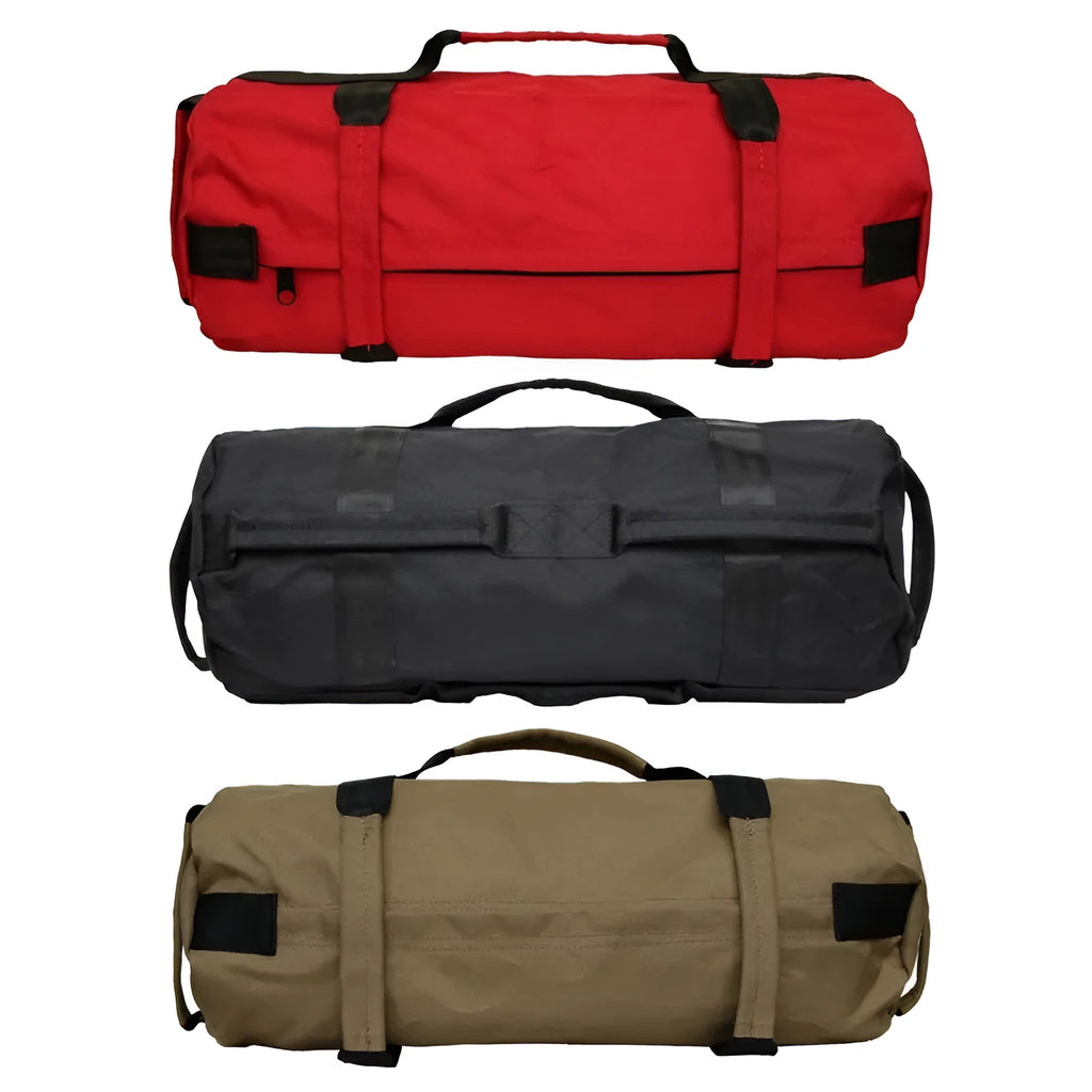 Black weightlifting sandbag with 6 handles, 900D Oxford cloth, 48cm, sitting on a gym floor.