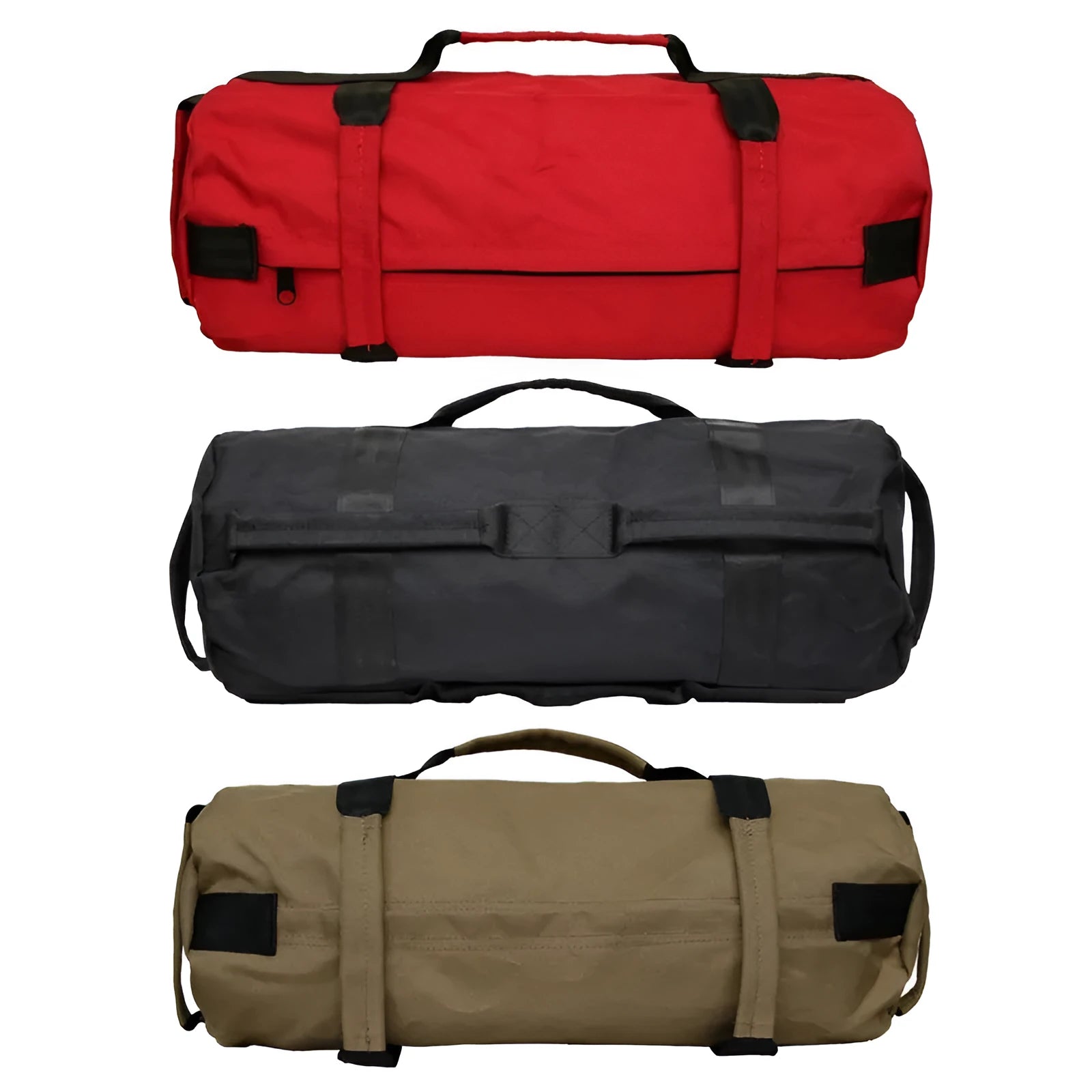 Black weightlifting sandbag with 6 handles, 900D Oxford cloth, 48cm, sitting on a gym floor.