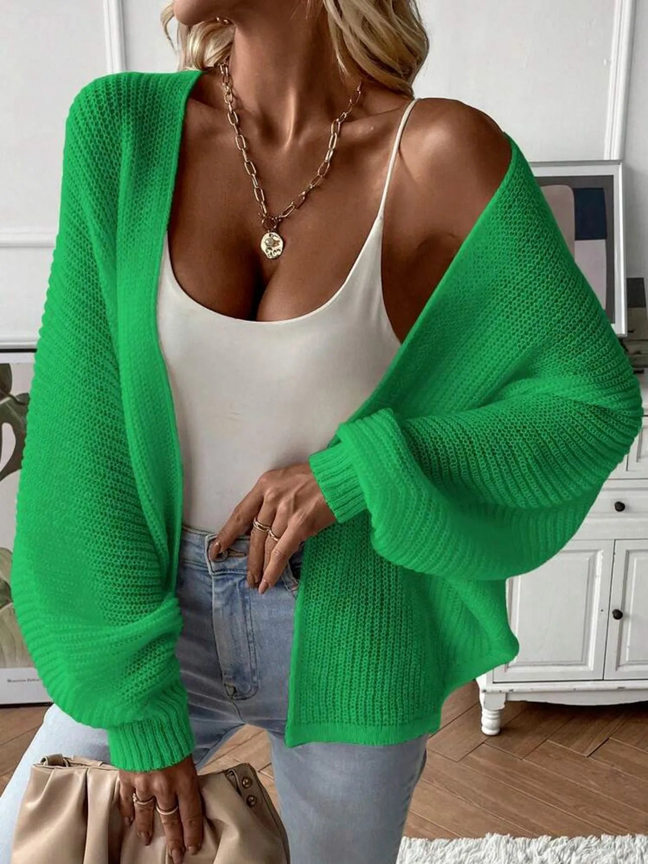 Women's batwing sleeve cardigan in solid colour with loose fit