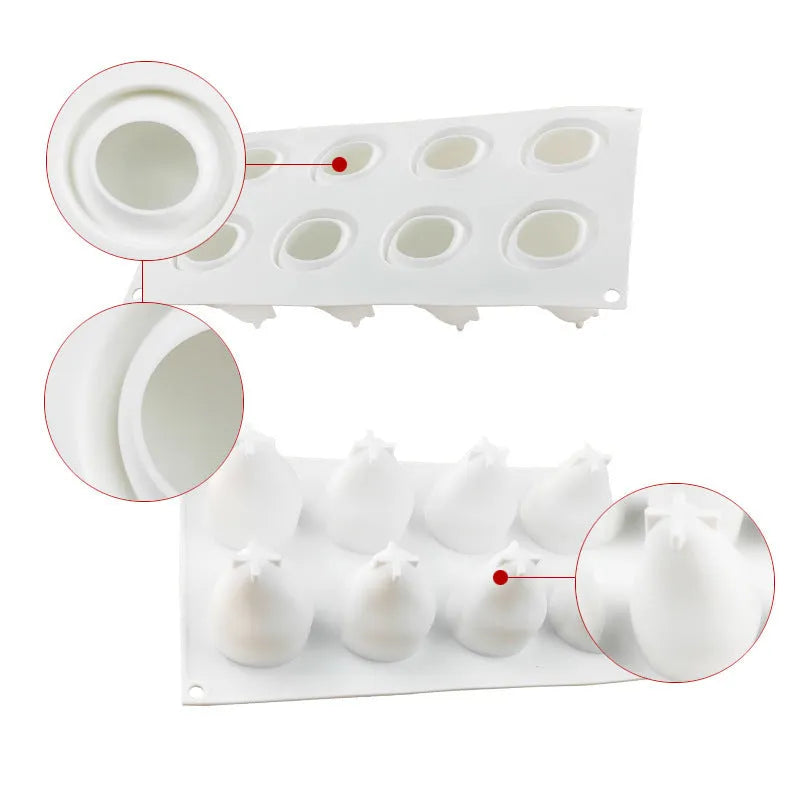 Silicone mould with six cavities shaped as pineapple, pine cone, and pear for baking desserts.