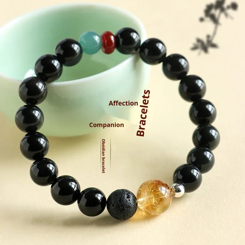 Chinese obsidian yellow tower crystal agate jade bracelet with natural stone beads