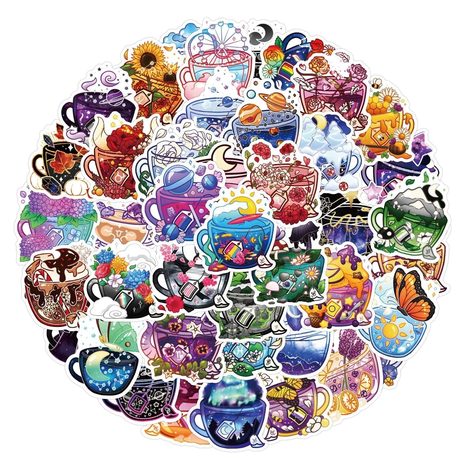 Colourful tea cup design waterproof stickers in Nordic style, set of 50 pieces for luggage and scooter decoration.