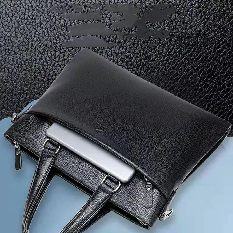 Black PU leather men's messenger bag with shoulder strap showing splicing design details
