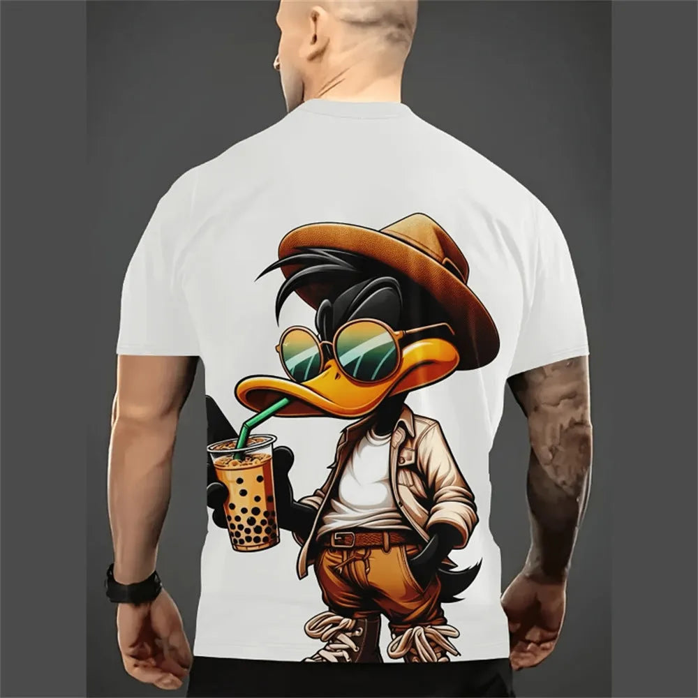 Man wearing a loose-fit short sleeve shirt with a colourful cartoon 3D print design.