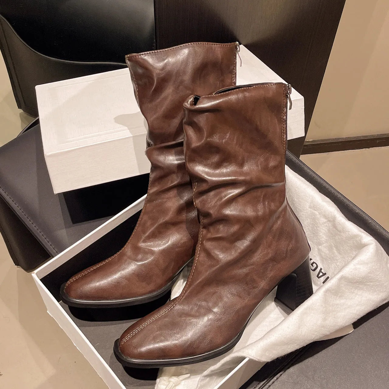 Large size women's wide width chunky heel ankle boots in black, square toe, back zipper, artificial PU upper
