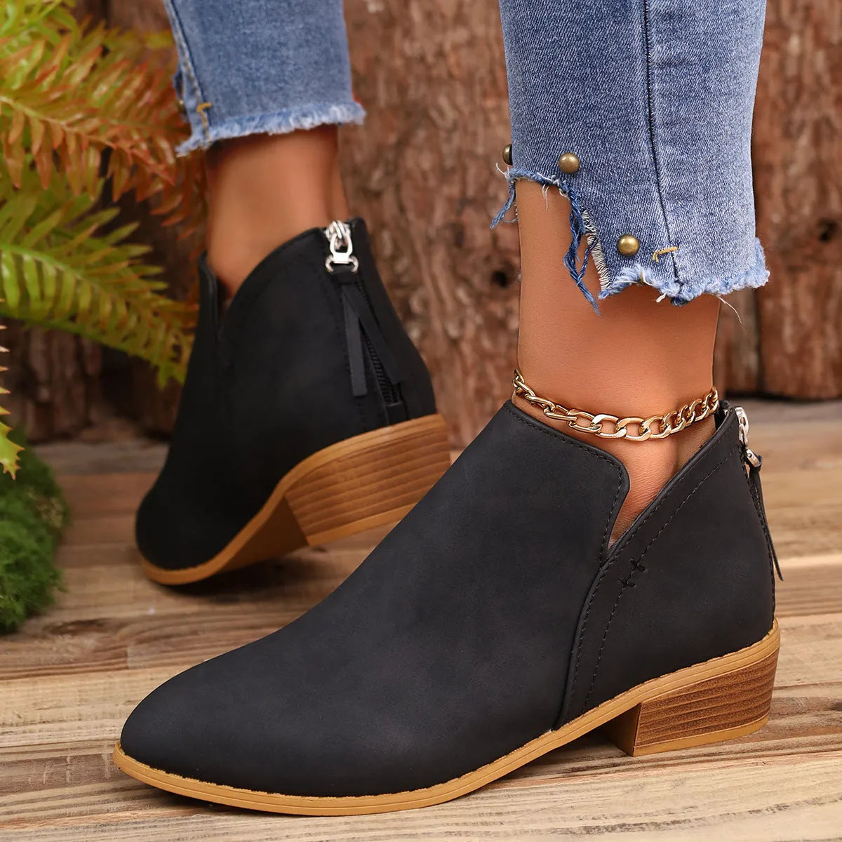 Chunky heel pointed toe ankle boots with V-cut design for women, in khaki colour, side view