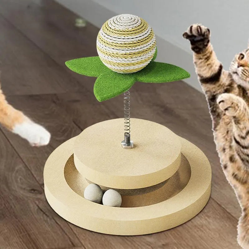 Green sisal cat toy with two-layer ball track and rotating spring ball mechanism