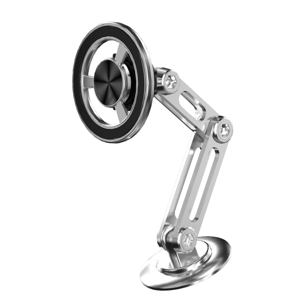 All-metal magnetic car phone holder in black, mounted on a dashboard with a smartphone attached.