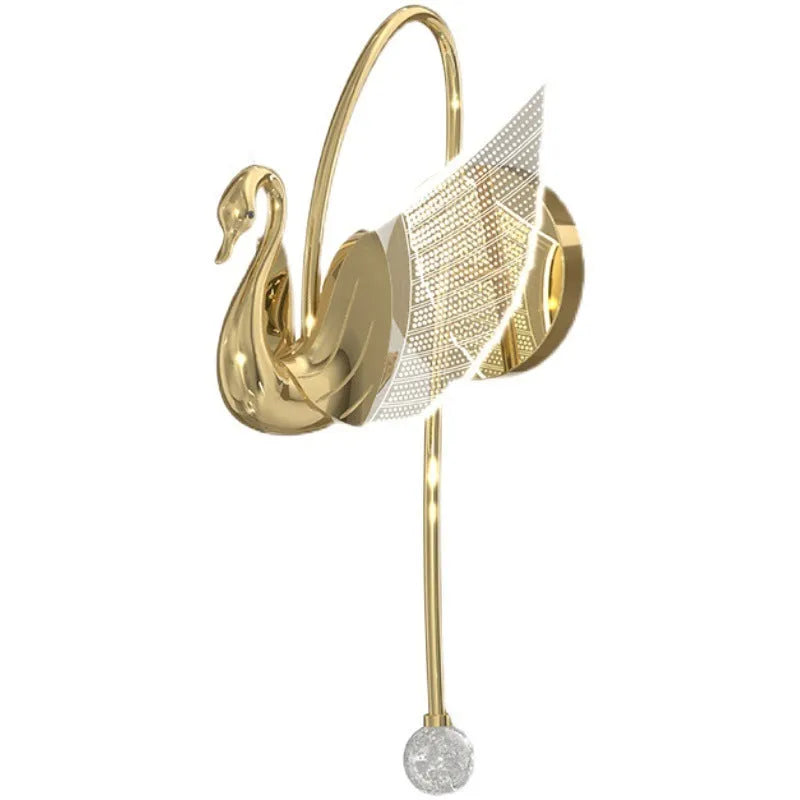 Minimalist swan-shaped wall lamp with gold finish and white acrylic shade.