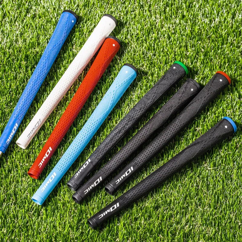 TPE golf club grip in various colours including pink, red, blue, white, and two-tone black with coloured head.