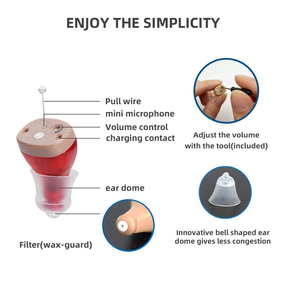 Beige and red-blue rechargeable behind-the-ear hearing aid with magnetic charging case.
