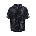 Man's black and grey short-sleeved shirt with translucent snake pattern, loose fit with lapel collar.