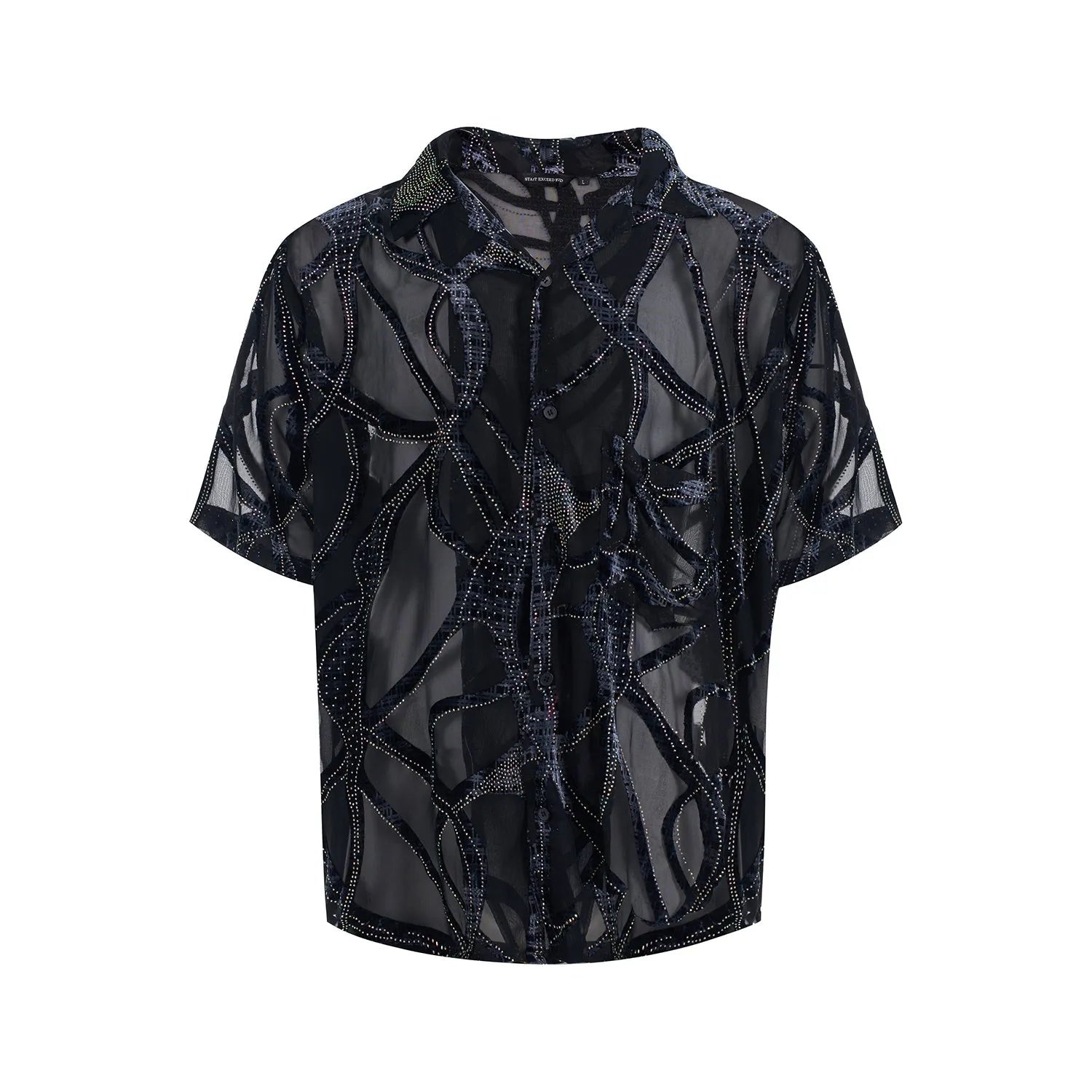 Man's black and grey short-sleeved shirt with translucent snake pattern, loose fit with lapel collar.