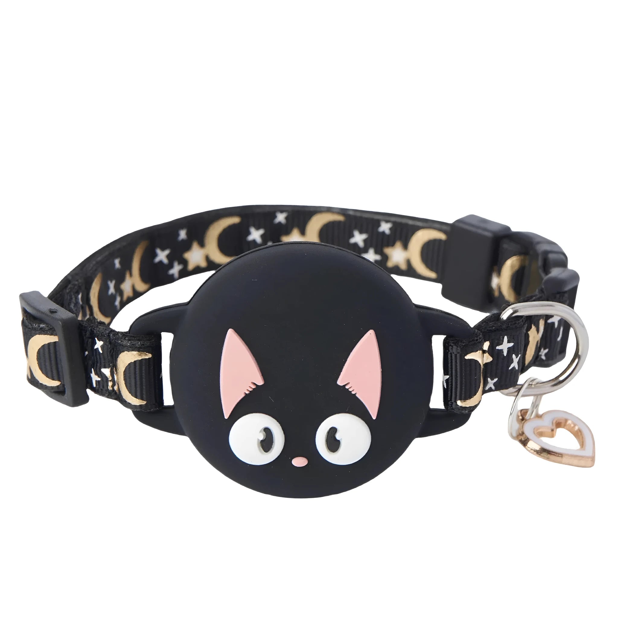 Adjustable plastic cat collar with a built-in case for an Apple AirTag, shown in pink.