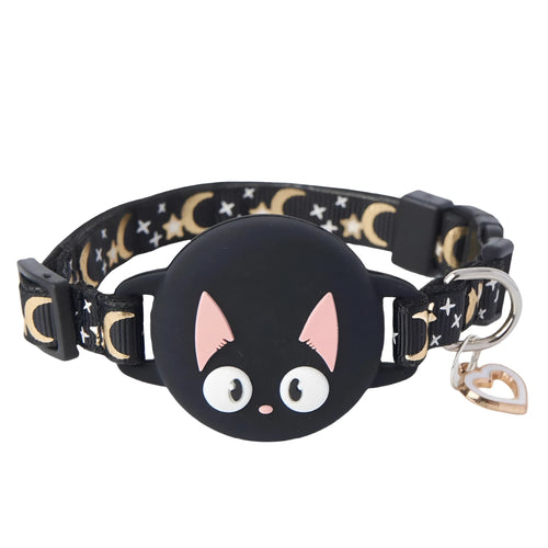 Adjustable plastic cat collar with a built-in case for an Apple AirTag, shown in pink.