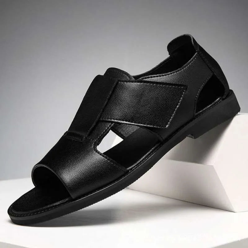 Men's black and brown leather Roman sandals with open toe and rubber sole