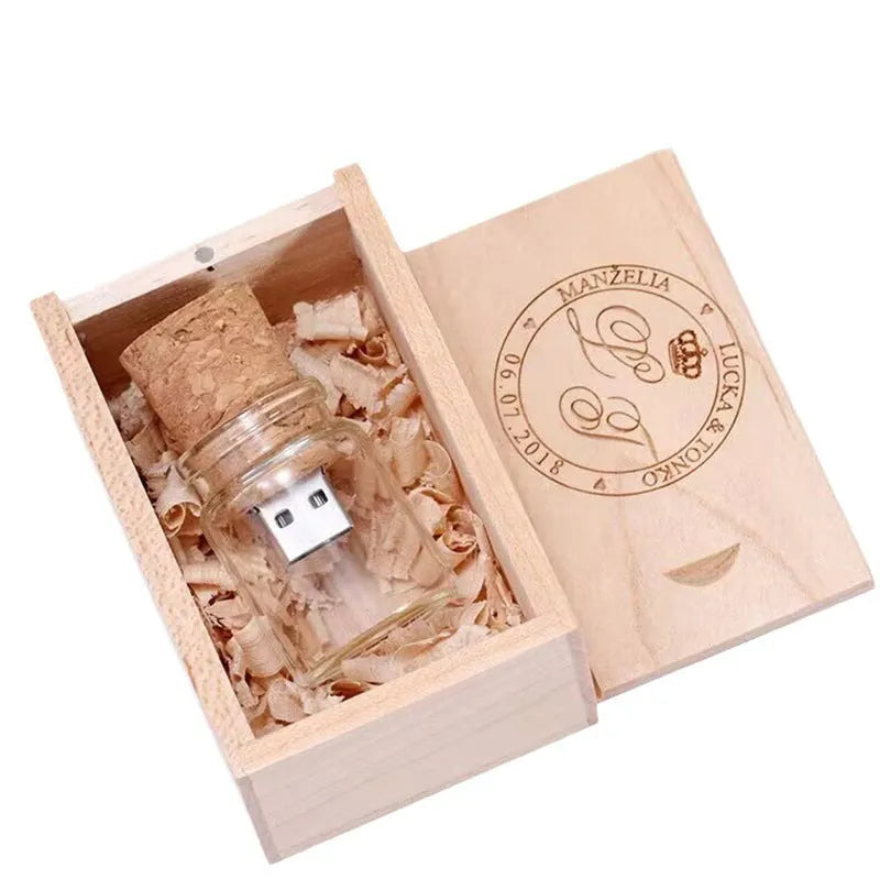 Wooden cork drift bottle design USB flash drive on a plain background.