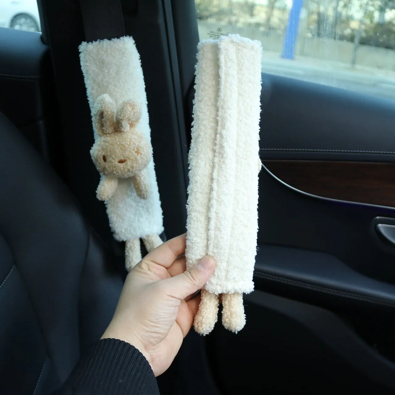 Lamb wool car seatbelt shoulder protector with cartoon bear or rabbit design
