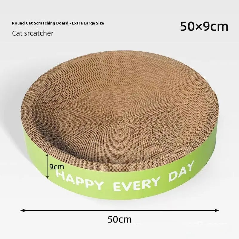 Green round cat nest with integrated scratching board, shown in 50cm and 55cm size options.
