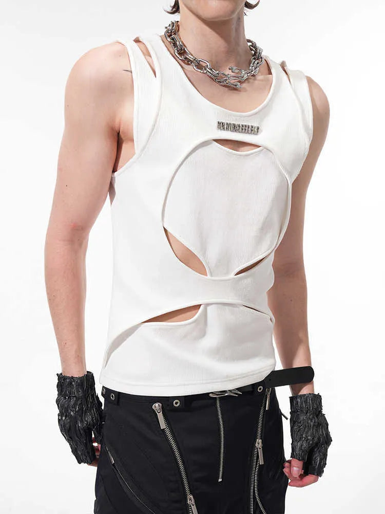 Men's black and white sleeveless waistcoat vest with round neck and hollow thread construction.