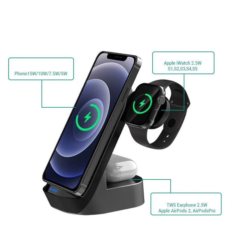 Black and grey foldable 3-in-1 wireless charging stand for phone, watch, and earbuds on a desk.