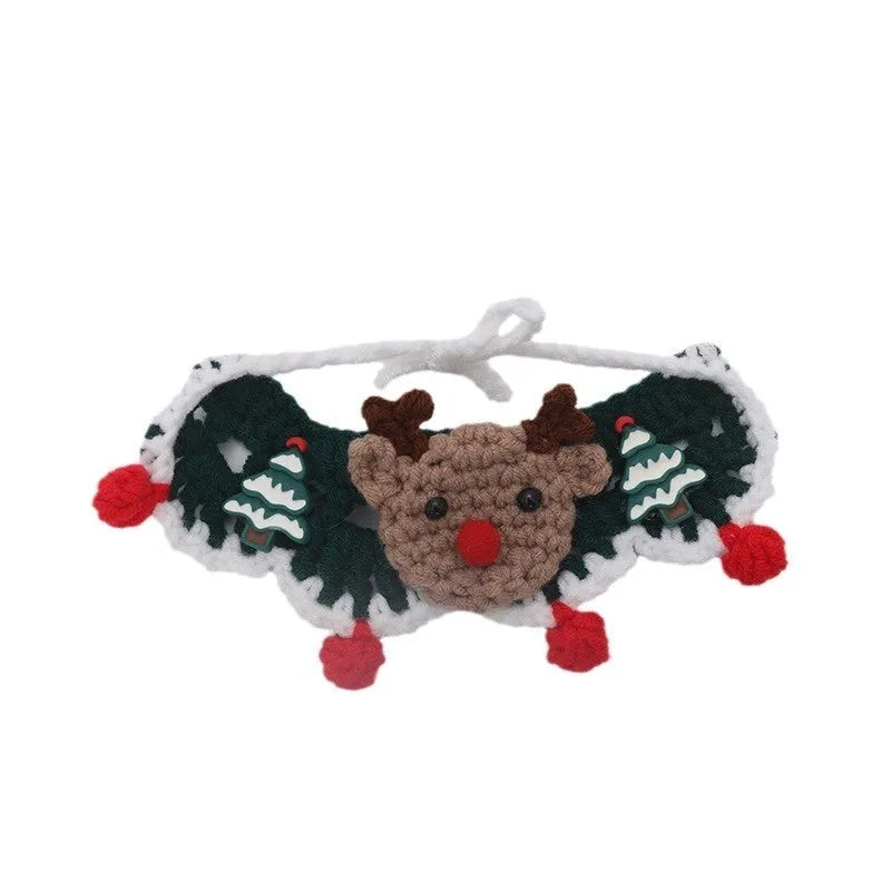 Christmas-themed wool scarf for pets on a dog, showing festive pattern options like snowflake Santa and gingerbread man.