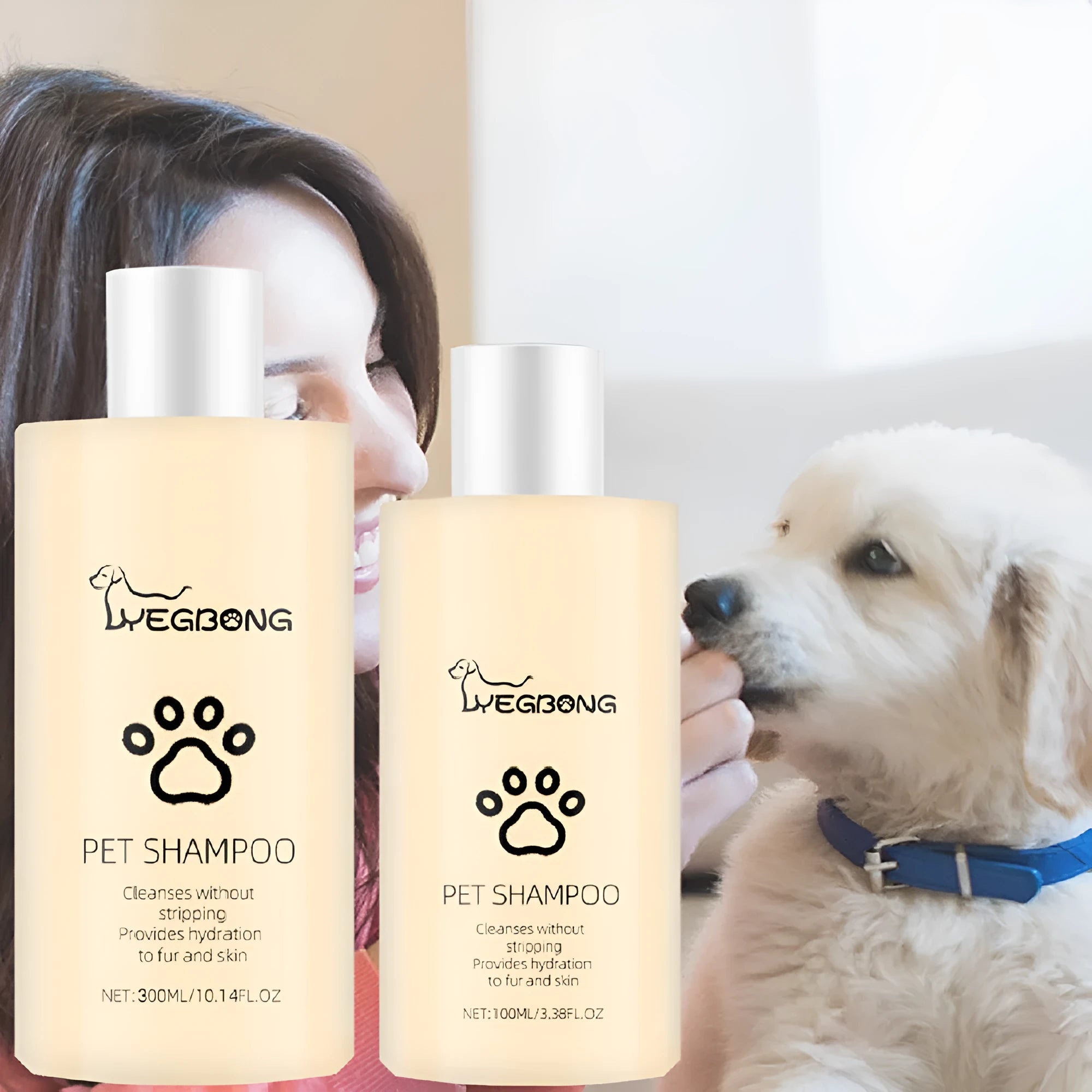 Bottle of mild pet shampoo for dogs and cats in 100ml or 300ml size