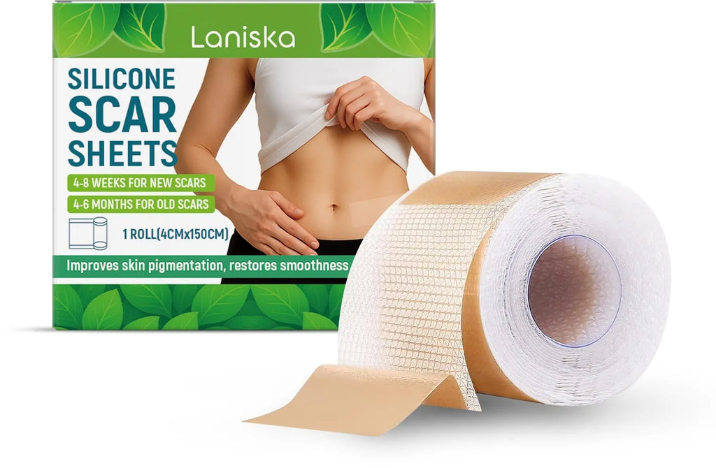 Roll of clear silicone scar sheets with tea tree oil and aloe extract, showing 4cm width and scale.