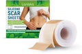 Roll of clear silicone scar sheets with tea tree oil and aloe extract, showing 4cm width and scale.
