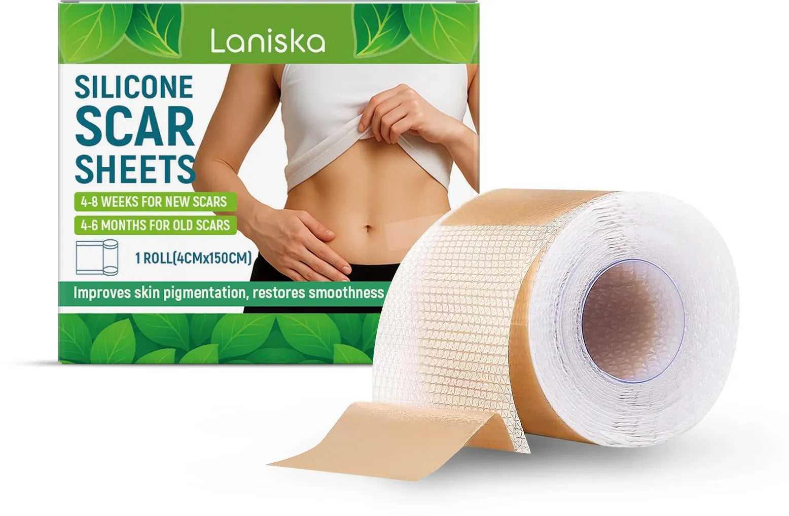 Roll of clear silicone scar sheets with tea tree oil and aloe extract, showing 4cm width and scale.