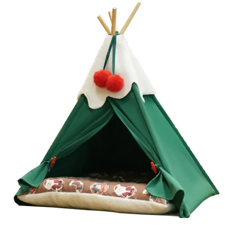 Semi-closed cat house with cloth construction in brown mat colour showing dimensions