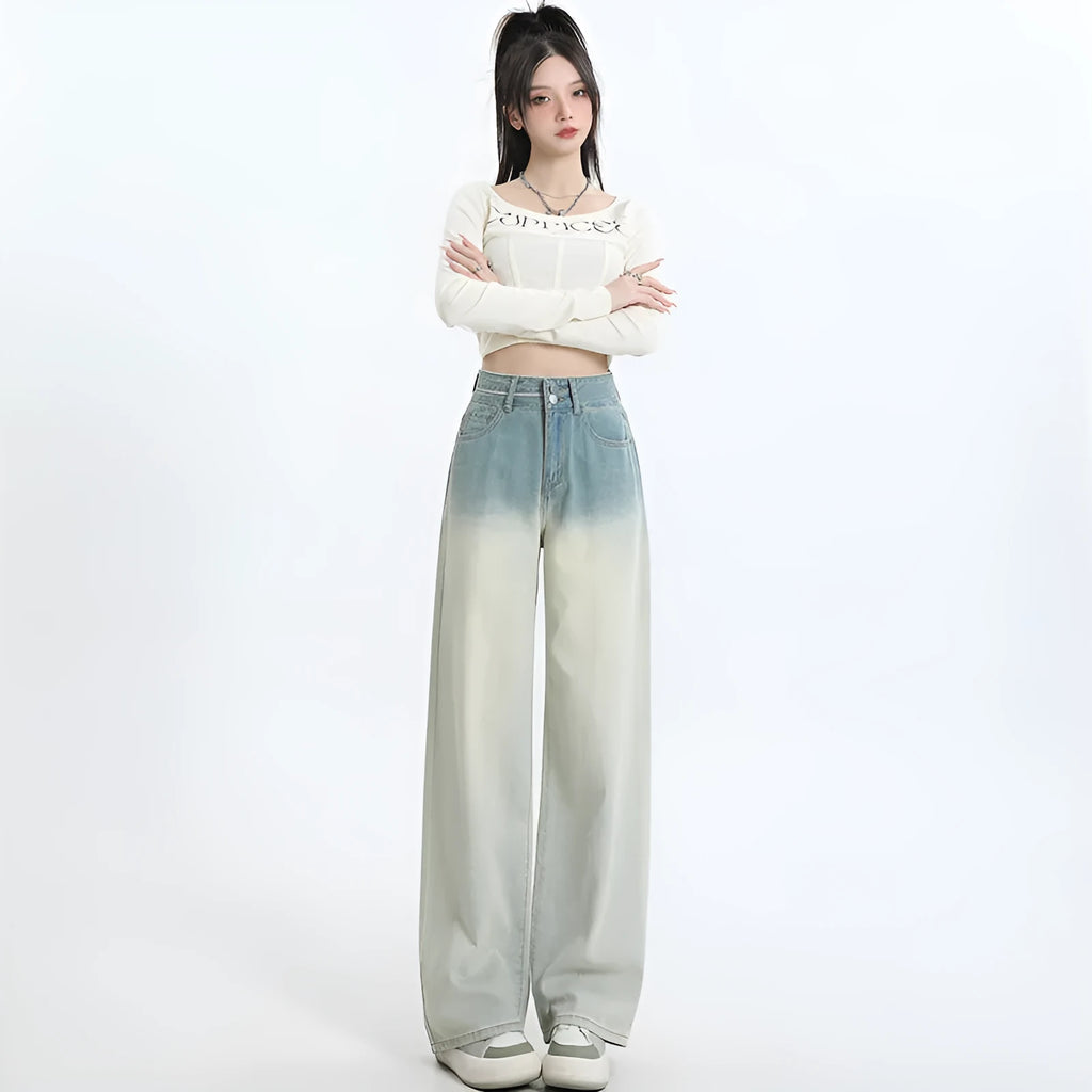 Women's gradient blue wide-leg straight-leg denim trousers on a hanger.