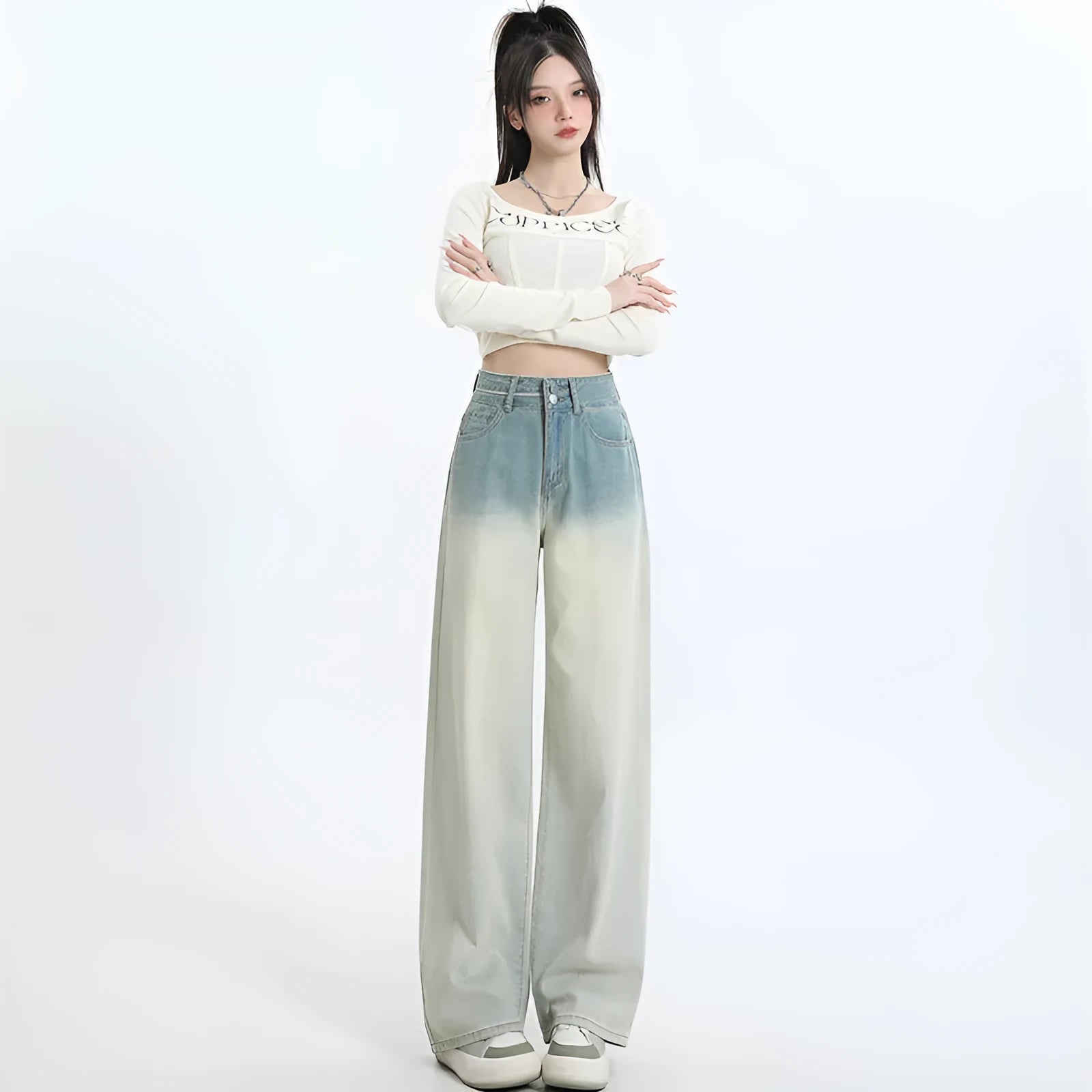 Women's gradient blue wide-leg straight-leg denim trousers on a hanger.