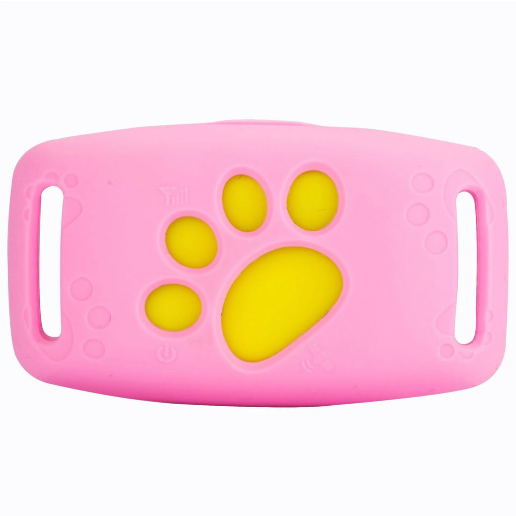 Black and yellow waterproof GPS pet tracker showing compact dimensions next to a dog collar.