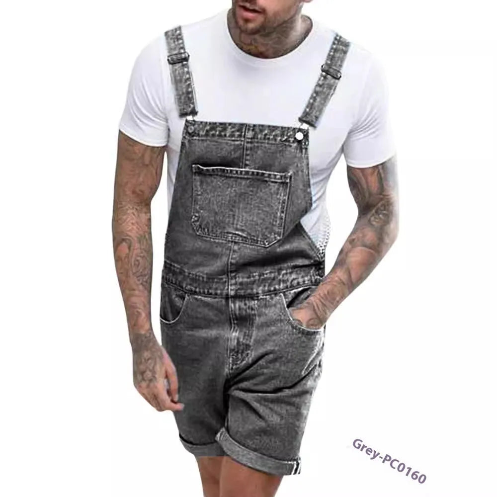 A pair of black denim suspender pants with a mid waist, zipper fly, and straight leg shorts cut on a mannequin.
