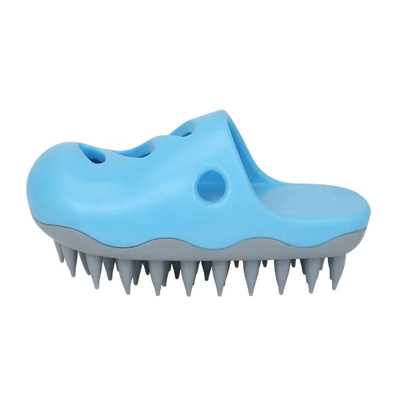 Blue and yellow TPR dog bath massage cleaning brushes showing pointed toe, quincuncial head, and horizontal pattern designs.