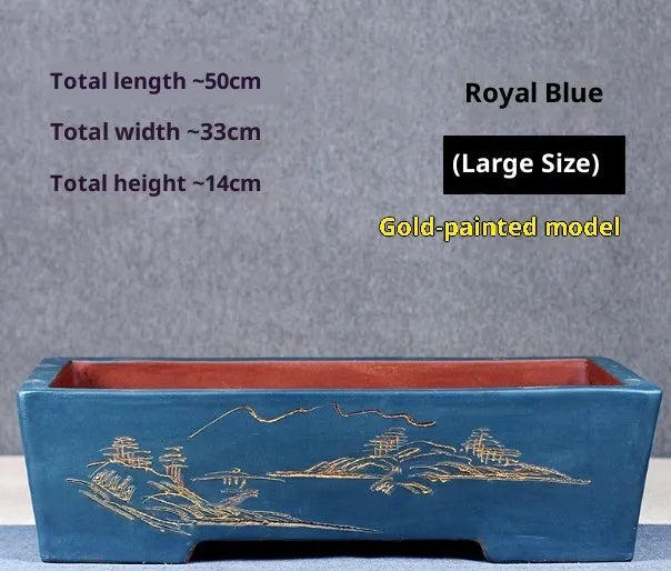 Rectangular non-woven fabric bonsai pot in blue with purple clay flowerpot for indoor plants