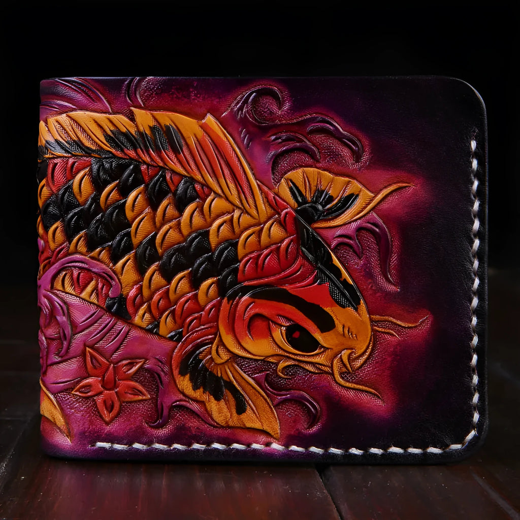 Men's hand-carved red cow leather short wallet showing open design and textured surface.