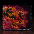 Men's hand-carved red cow leather short wallet showing open design and textured surface.