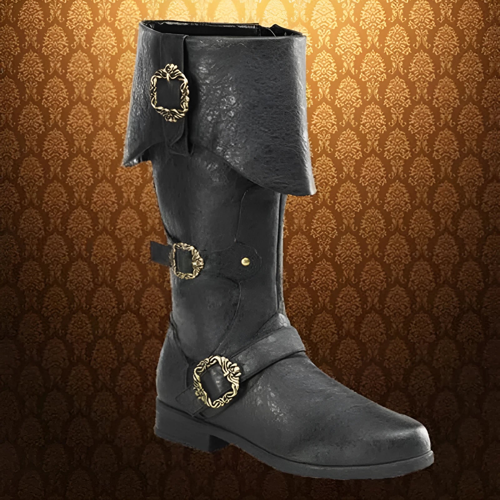 Medieval Renaissance cosplay boots in dark brown with high shaft, chunky heel, and turn-up design